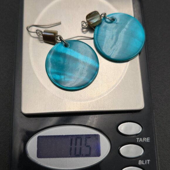 Silver Plated Circle Blue Shell Dangle Earrings A6318 - Picture 5 of 5